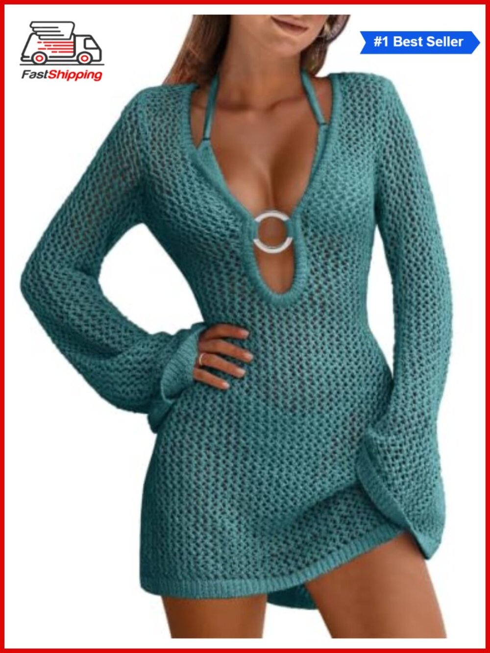 ✨ANRABESS Women Crochet Swimsuit Coverup Long Sleeve V-Neck Mini Beach Dress
